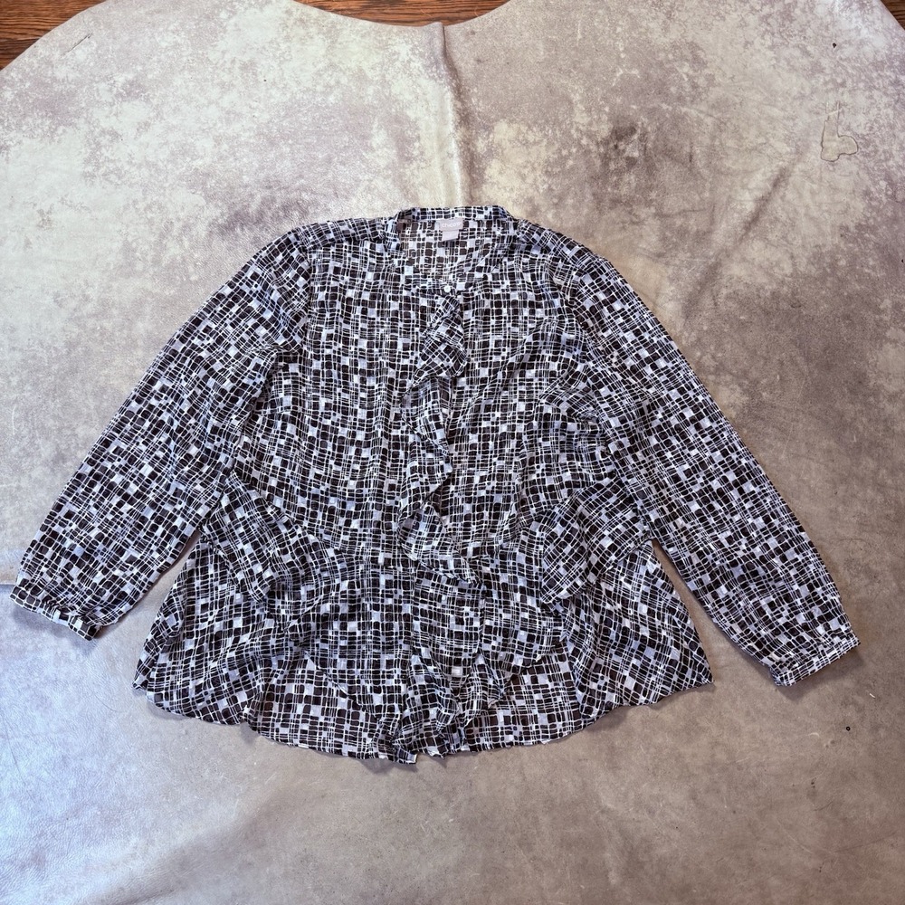 Chicos Shirt Womens Sz 3 Large Blk/Wht Geo Silver Sparkle Ruffle Tiered Blouse